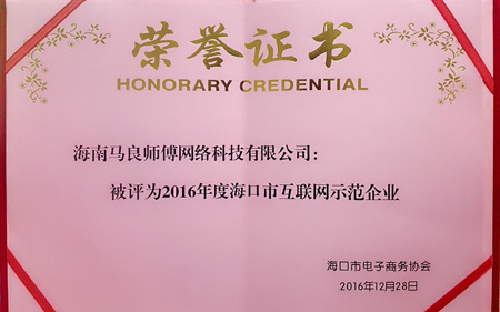 海南馬良師傅喜獲?谑谢ヂ(lián)網(wǎng)示范企業(yè)稱號